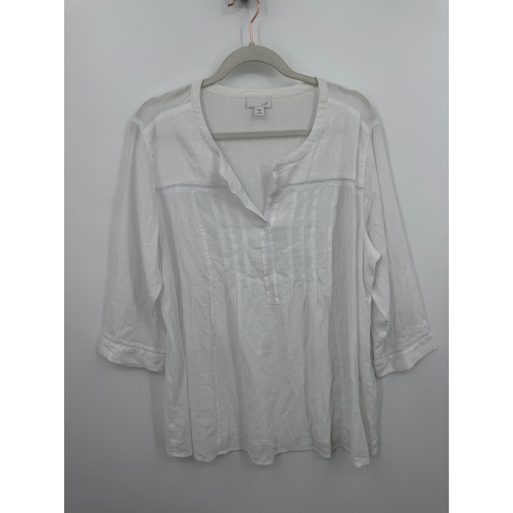 J. Jill Pintuck Cotton Gauze Tunic Top Womens 1X White 3/4 Sleeve Split Neck